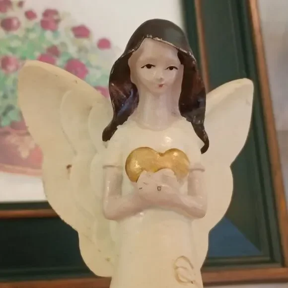 Angel with Wings Figurine Hugging a Heart Resin Floral 6.5" Gift Idea - Picture 2 of 9